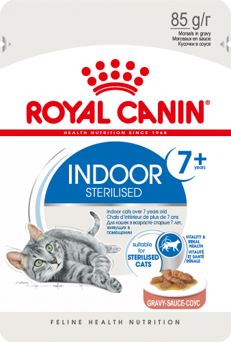 Паучи Royal Canin Indoor Sterilised 7 + в соусе для стареющих стерилизованных кошек, живущих в помещении